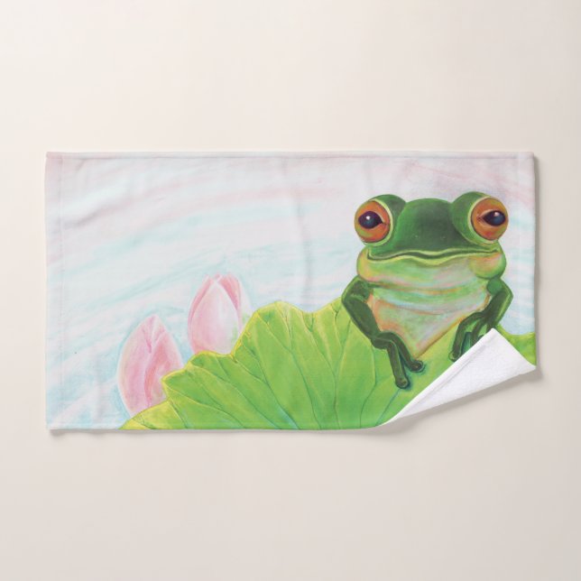 Green Frog Relaxing in the pond  Hand Towel (Hand Towel)