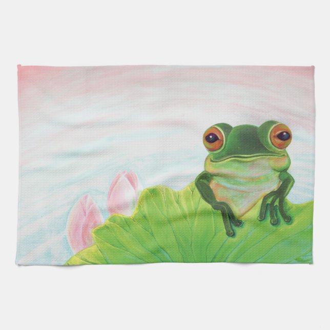 Green Frog Relaxing in the pond  Tea Towel (Horizontal)