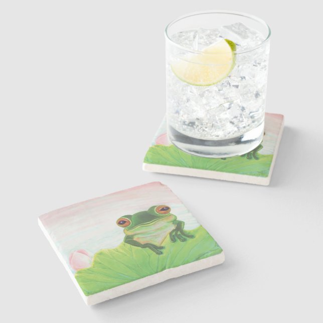 Green Frog Relaxing on the safety of the lily pad  Stone Coaster (Side)