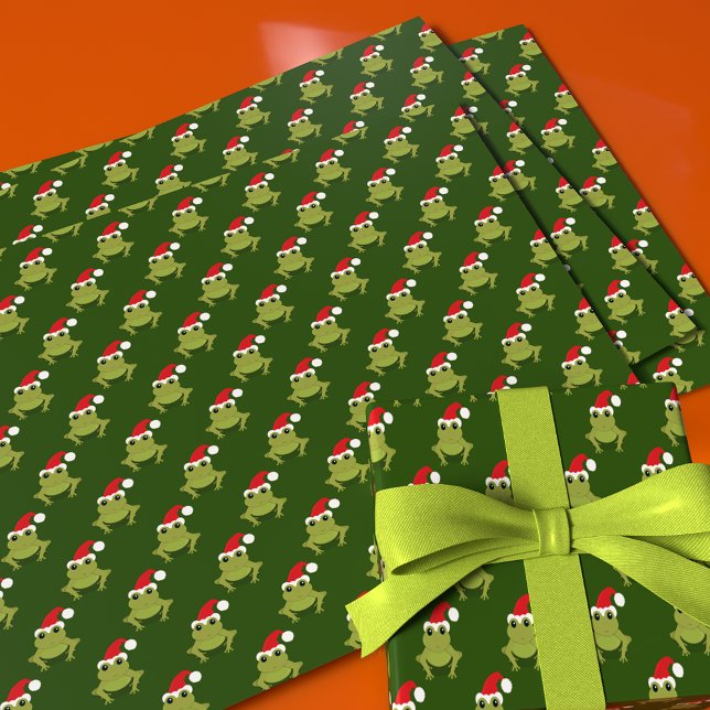 Green Frog Santa Hat Cartoon Novelty Christmas Wrapping Paper Sheet (Creator Uploaded)