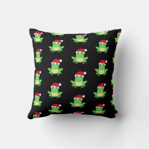 Green Frog Santa Hat Cartoon Pattern Novelty Black Cushion