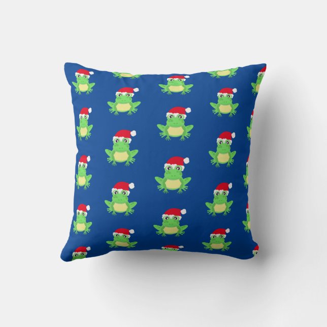 Green Frog Santa Hat Cartoon Pattern Novelty Blue Cushion (Back)