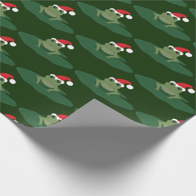 Green Frog Santa Hat Lily Pad Novelty Christmas Wrapping Paper (Corner)