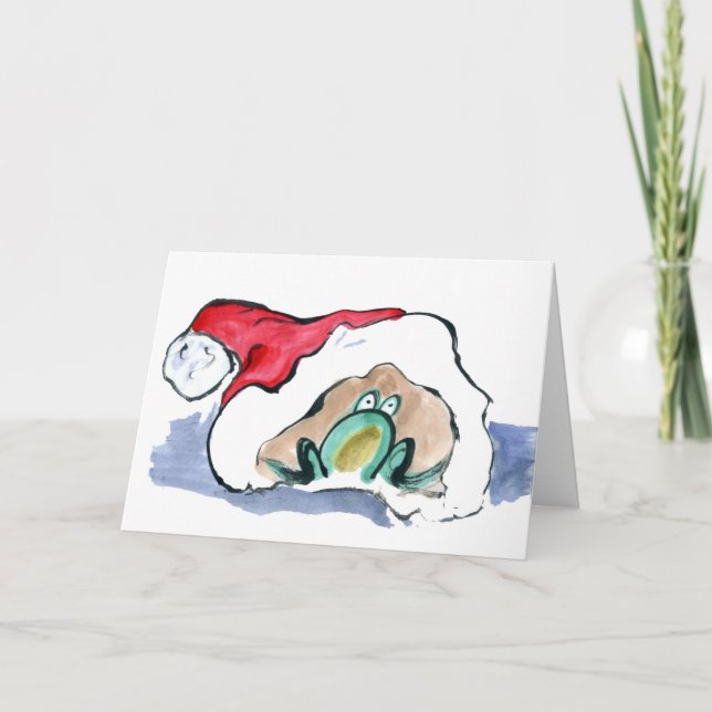 Green Frog sits inside a Santa's Hat Holiday Card (Front)