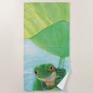 Green Frog under Lily Pad Beach Towel