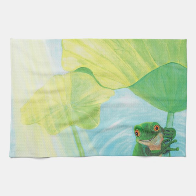 Green Frog under Lily Pad  Tea Towel (Horizontal)
