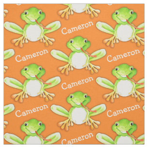 Green frog watercolor art name fabric
