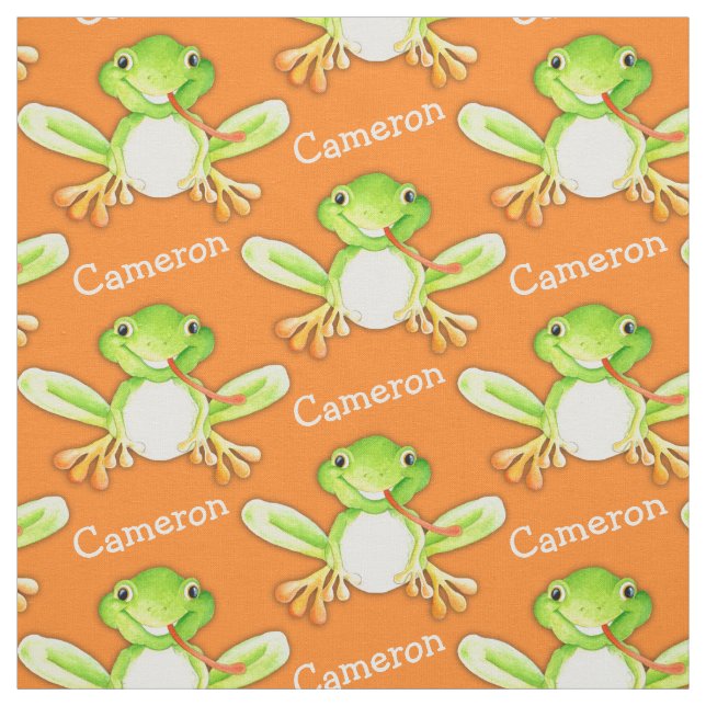 Green frog watercolor art name fabric (Swatch)