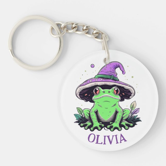 Green Frog Wearing Purple Witch Hat Key Ring (Front)