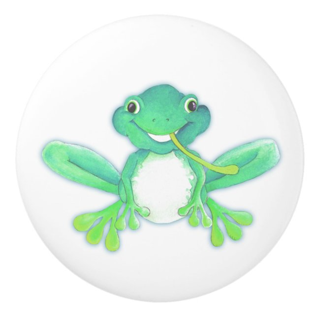 Green frog whimsical watercolor art doorknob ceramic knob (Front)