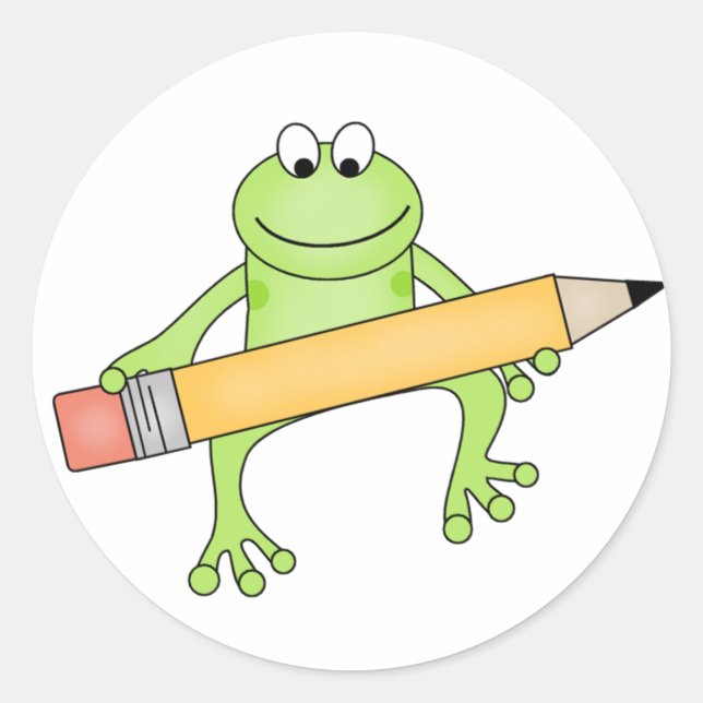 Green Frog with Pencil Classic Round Sticker (Front)