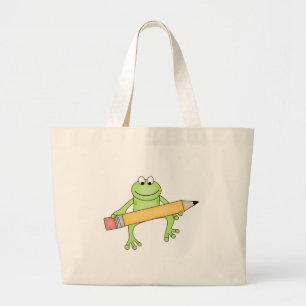 Green Frog with Pencil Large Tote Bag