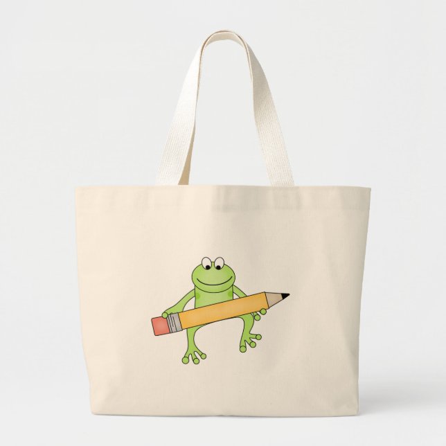 Green Frog with Pencil Large Tote Bag (Front)
