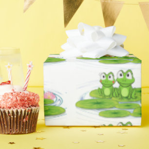 green frogs on lily pad wrapping paper