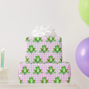 Green Frogs on Pink Gingham Wrapping Paper