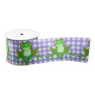 Green Frogs on Purple Gingham Satin Ribbon