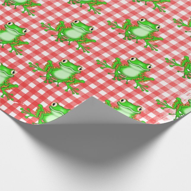 Green Frogs on Red Gingham Wrapping Paper (Corner)