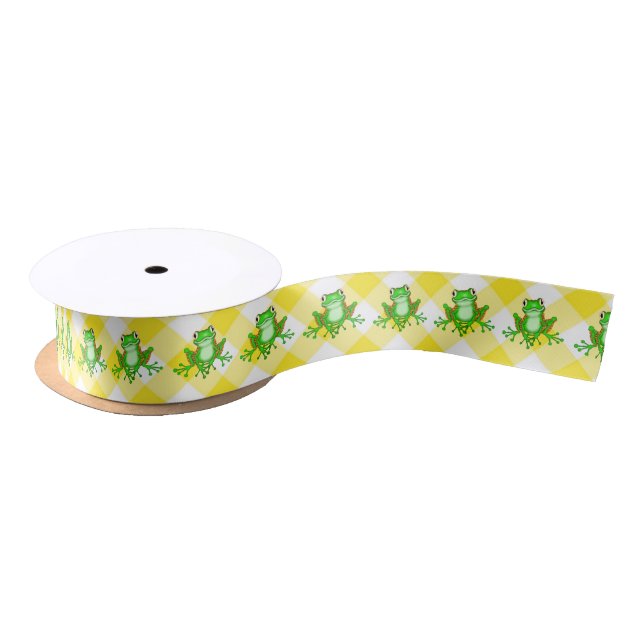 Green Frogs on Yellow Gingham   Satin Ribbon (Spool)
