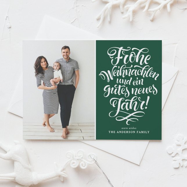 Green Frohe Weihnachten Calligraphy Photo Holiday Card (Creator Uploaded)