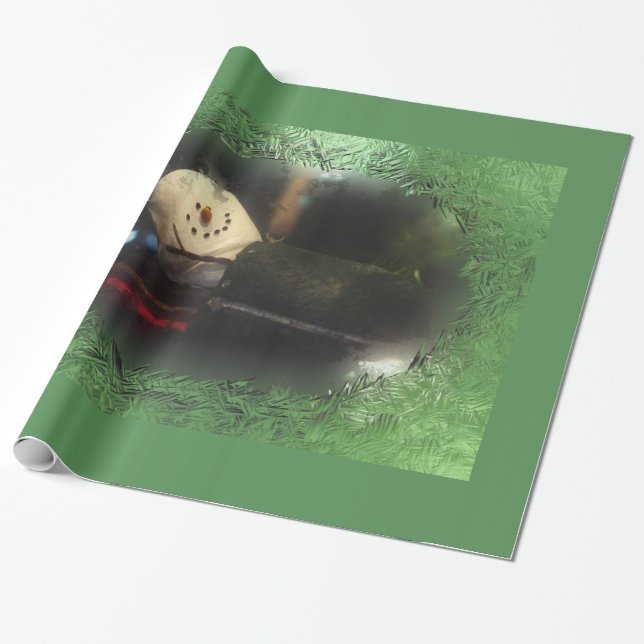 Green Frosty S'mores Snowman Wrapping Paper (Unrolled)