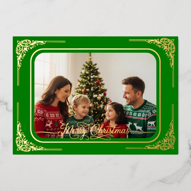 Green Full photo Gold framed Christmas  Foil Holiday Card (Front)