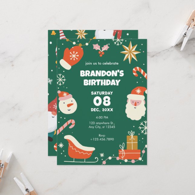 Green Fun Christmas birthday Invitation (Front/Back In Situ)