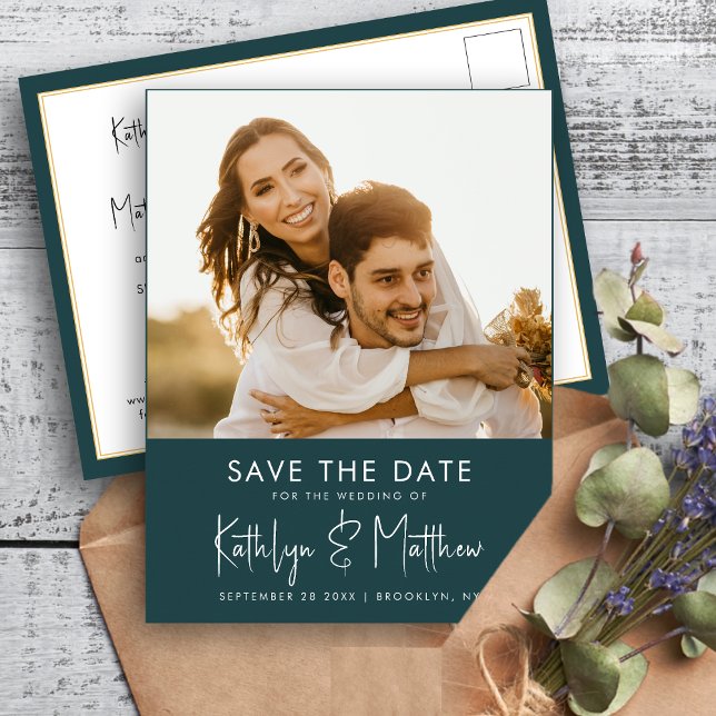 Green Fun Script Modern Photo Minimalist Wedding S Announcement Postcard (Creator Uploaded)