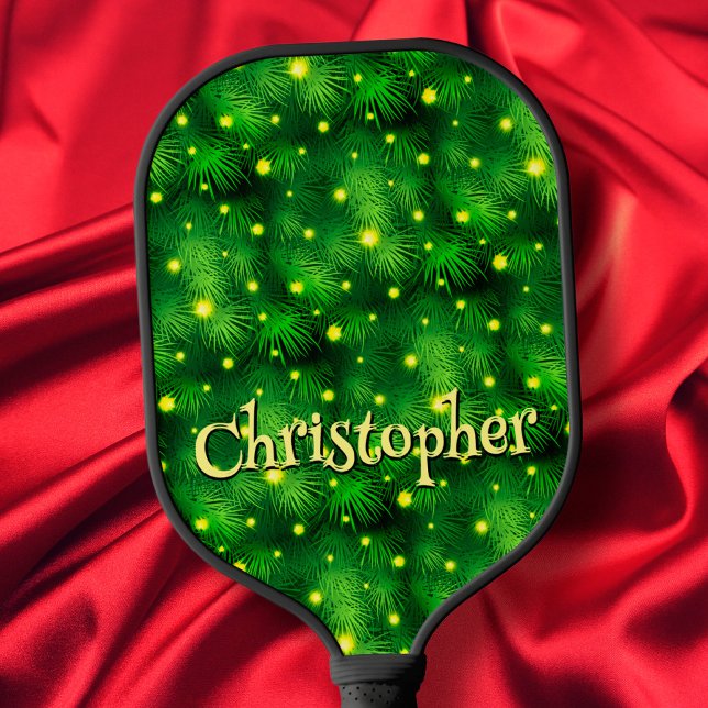Green Fun Typography Custom Name Christmas Tree Pickleball Paddle (Creator Uploaded)
