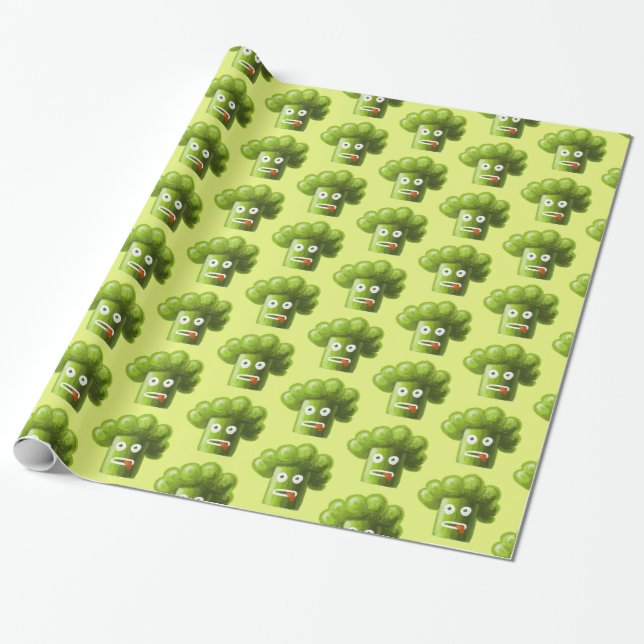 Green Funny Cartoon Broccoli Vegetarian Pattern Wrapping Paper (Unrolled)