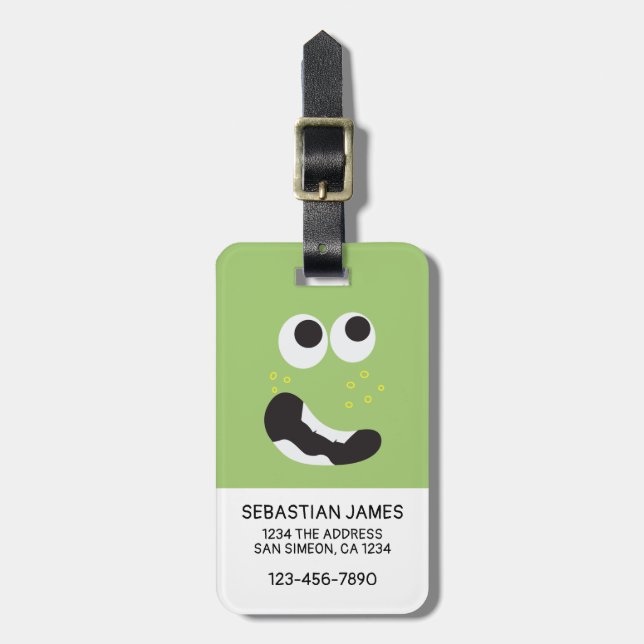 Green Funny Face Personalised Luggage Tag (Front Vertical)