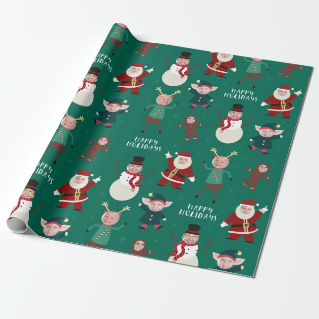 Green Funny Family Photo Holiday Wrapping Paper (Unrolled)