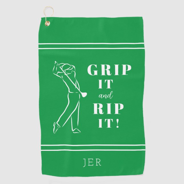 Green Funny Humourous Golf Grip Rip Mens Pro Custo Golf Towel (Front)