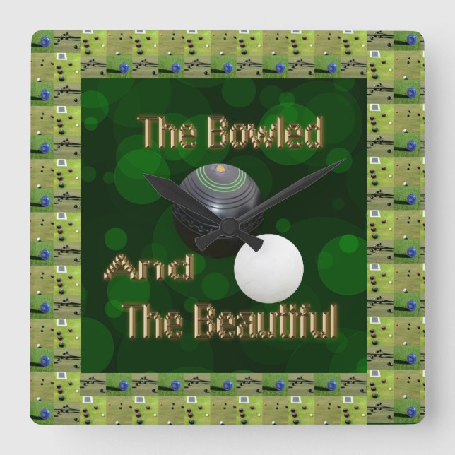 Green Funny Lawn Bowls Bowled Design, Square Wall Clock (Front)