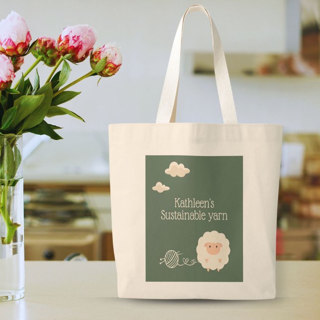 Green funny sustainable yarn sheep knitting needle large tote bag (Creator Uploaded)