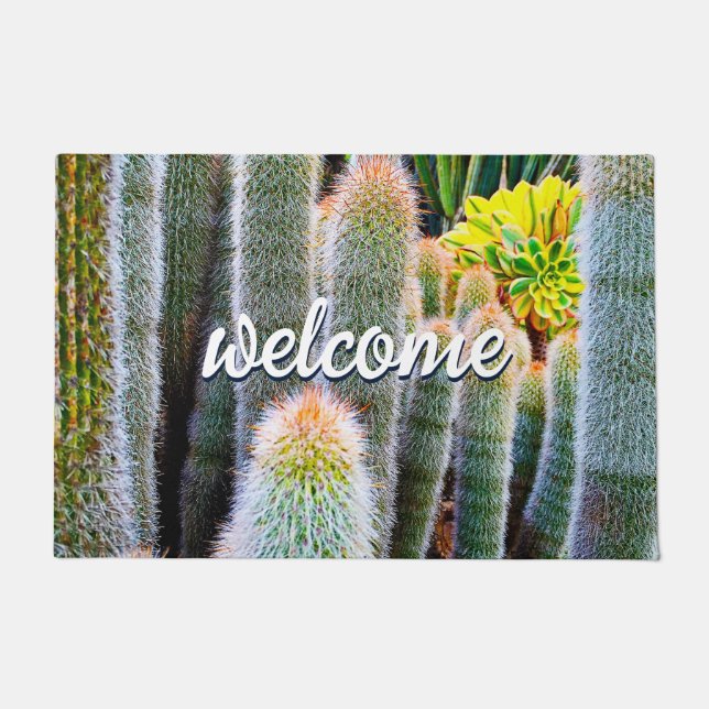 Green Fuzzy Cacti Close-up Photo Welcome Script Doormat (Front)