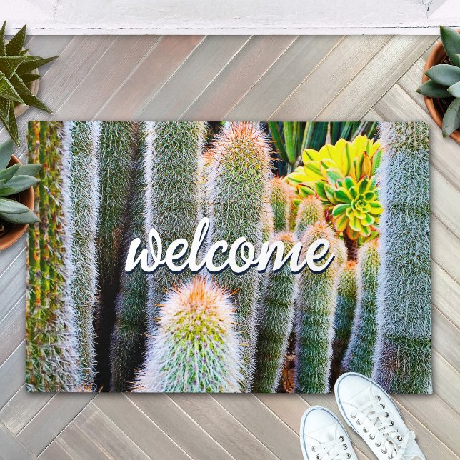 Green Fuzzy Cacti Close-up Photo Welcome Script Doormat (Creator Uploaded)