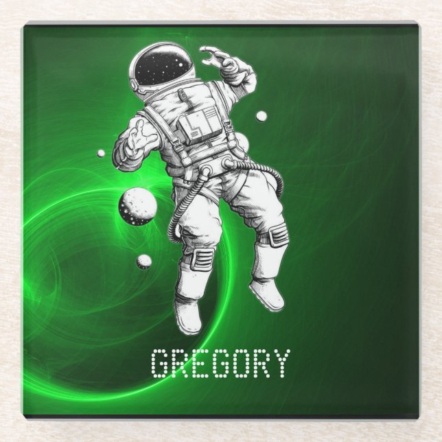 Green Galaxy Astronaut Personalised Glass Coaster (Front)