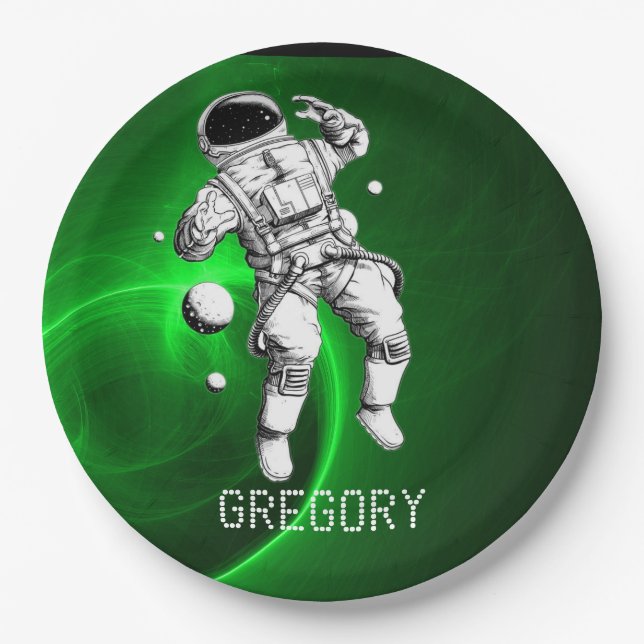 Green Galaxy Astronaut Personalised Paper Plate (Front)