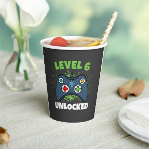 Green Game Controller Level 6 Unlocked Birthday Paper Cups