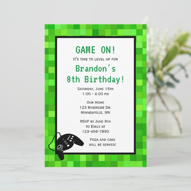 Green Gamer Pixels | Custom Birthday Party Invitation (Standing Front)