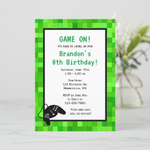 Green Gamer Pixels   Custom Birthday Party Invitation