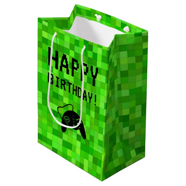 Green Gamer Pixels | Custom Birthday Party Medium Gift Bag (Front Angled)