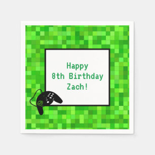 Green Gamer Pixels   Custom Birthday Party Napkin