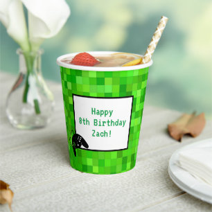 Green Gamer Pixels   Custom Birthday Party Paper Cups