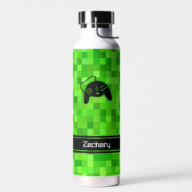 Green Gamer Pixels Personalised Water Bottle (Left)