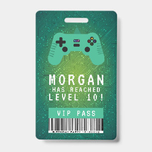 Green Gamer VIP Pass Birthday Invitation ID Badge