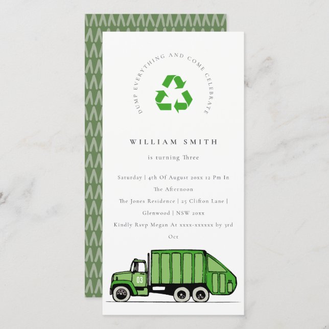 Green Garbage Truck Kids Any Age Birthday Invite (Front/Back)