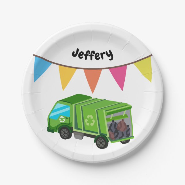 Green Garbage Truck - Kid's Birthday Paper Plate (Front)