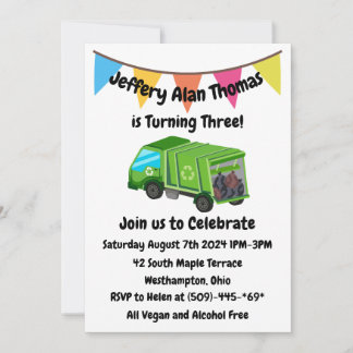 Green Garbage Truck Kid's Party Invitation