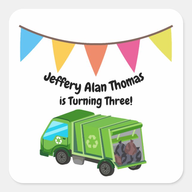 Green Garbage Truck Kid's Party Square Sticker (Front)